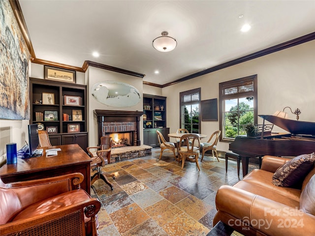 living room featuring a fireplace, ornamental molding, built in shelves, and tile patterned floors