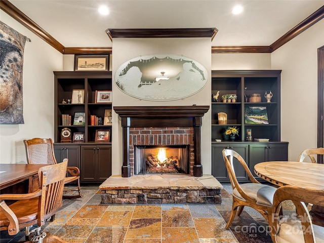 living room featuring crown molding, tile patterned floors, and a brick fireplace