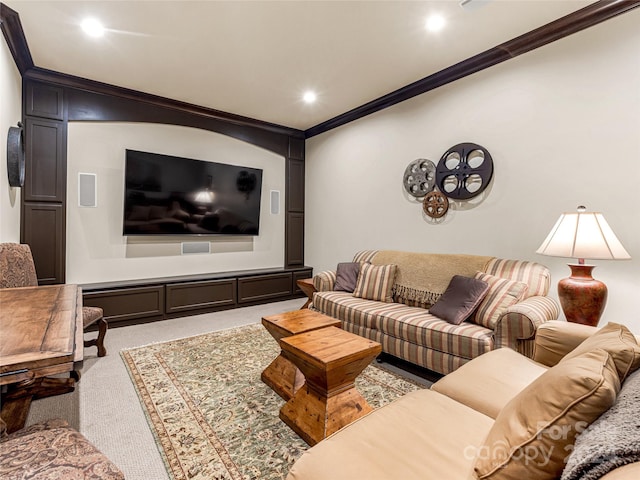 living room featuring ornamental molding and light carpet