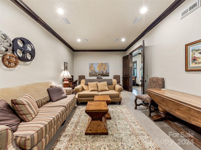 living room featuring carpet flooring and crown molding