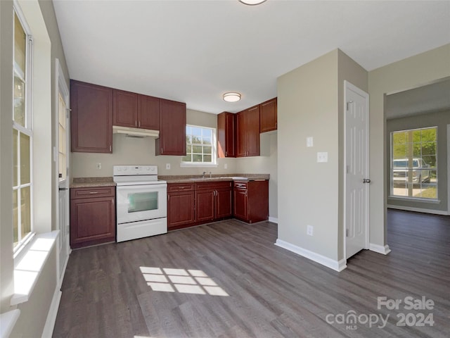 kitchen with dark hardwood / wood-style floors, white electric range, and a healthy amount of sunlight