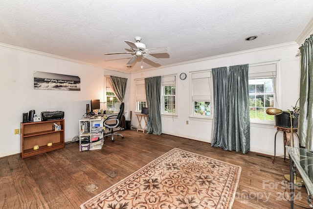 office space featuring a textured ceiling, ornamental molding, dark hardwood / wood-style floors, and ceiling fan