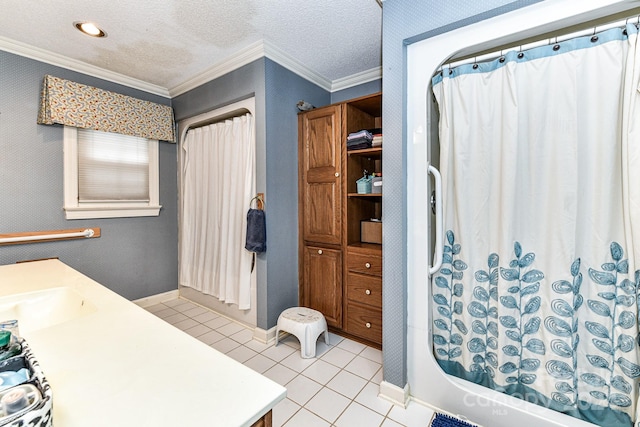 bathroom featuring ornamental molding, tile patterned flooring, vanity, and shower / bathtub combination with curtain