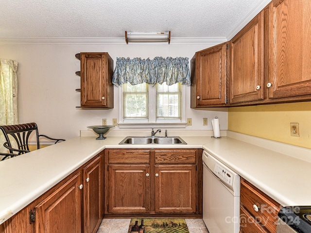 kitchen featuring a textured ceiling, range, sink, ornamental molding, and white dishwasher