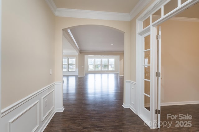 hall with dark hardwood / wood-style floors and ornamental molding