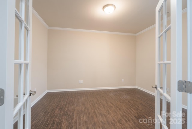 unfurnished room with dark hardwood / wood-style floors and ornamental molding