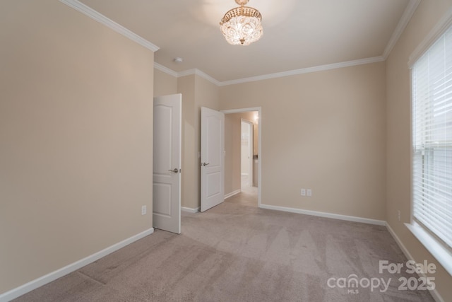 unfurnished bedroom featuring light carpet, ornamental molding, and a notable chandelier