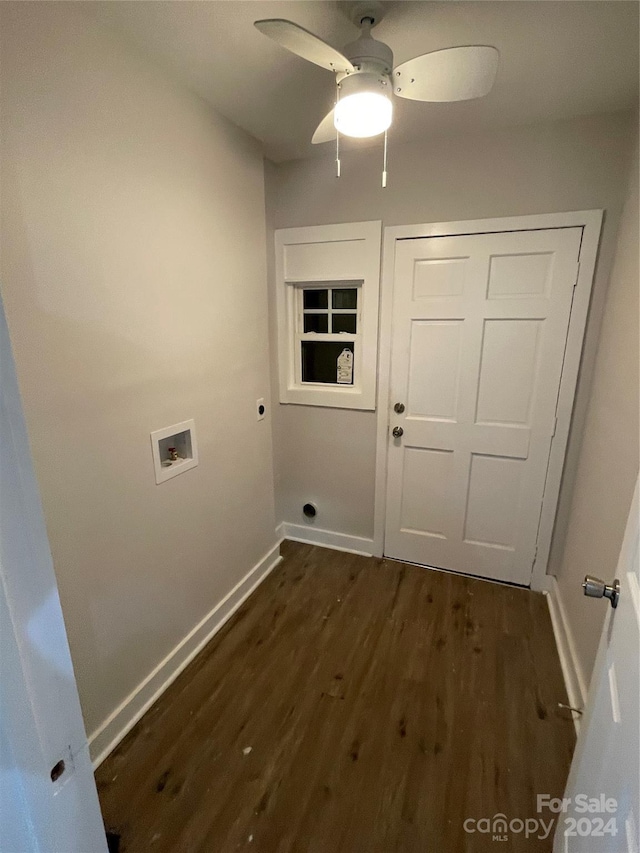 washroom with hookup for an electric dryer, washer hookup, dark hardwood / wood-style floors, and ceiling fan