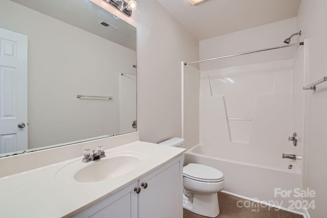 full bath featuring toilet, shower / bath combination, vanity, and visible vents