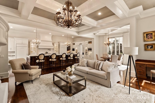 living area featuring recessed lighting, a notable chandelier, beamed ceiling, and dark wood-style flooring