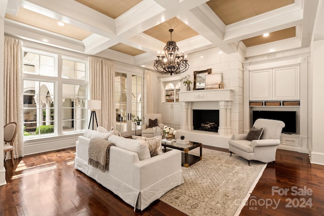 living room with crown molding, a notable chandelier, coffered ceiling, dark hardwood / wood-style floors, and beam ceiling