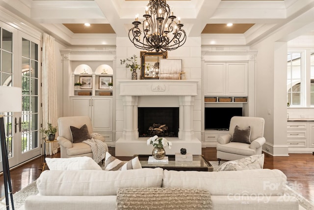 living room featuring a wealth of natural light, coffered ceiling, dark hardwood / wood-style floors, and beamed ceiling