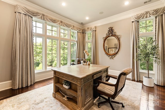 office area with a healthy amount of sunlight and dark hardwood / wood-style floors