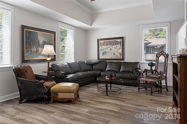 living room with crown molding and hardwood / wood-style flooring