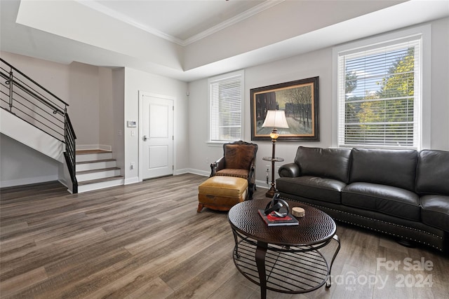 living room with wood-type flooring and ornamental molding