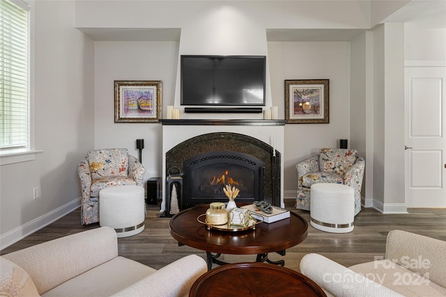 living room featuring dark wood-type flooring