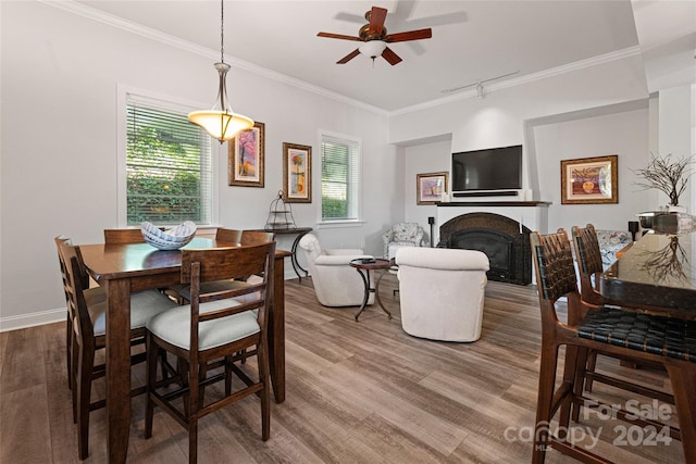 dining room with a wealth of natural light, crown molding, ceiling fan, and wood-type flooring