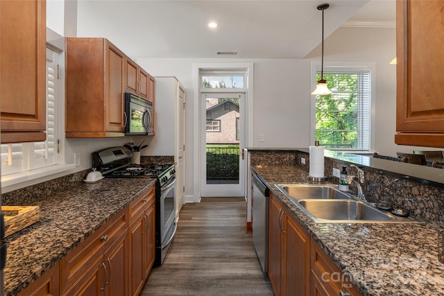 kitchen with dark stone countertops, crown molding, dark hardwood / wood-style flooring, sink, and appliances with stainless steel finishes