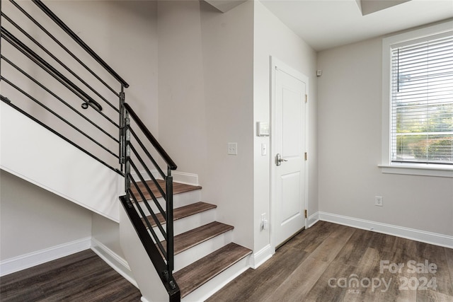 stairs featuring hardwood / wood-style floors