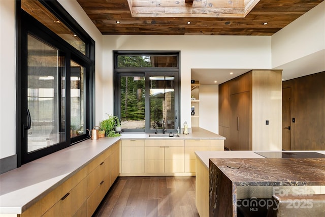 interior space featuring hardwood / wood-style flooring, wooden ceiling, vanity, and a skylight