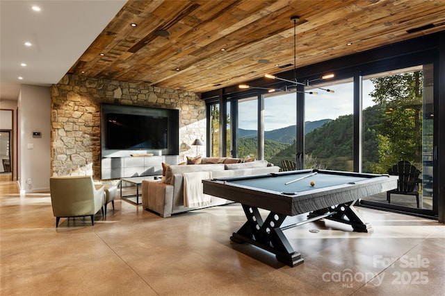 recreation room with wooden ceiling and billiards