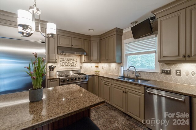 10235 Mount Holly Rd, Charlotte, NC 28214 - kitchen with premium appliances, dark stone countertops, a chandelier, and sink