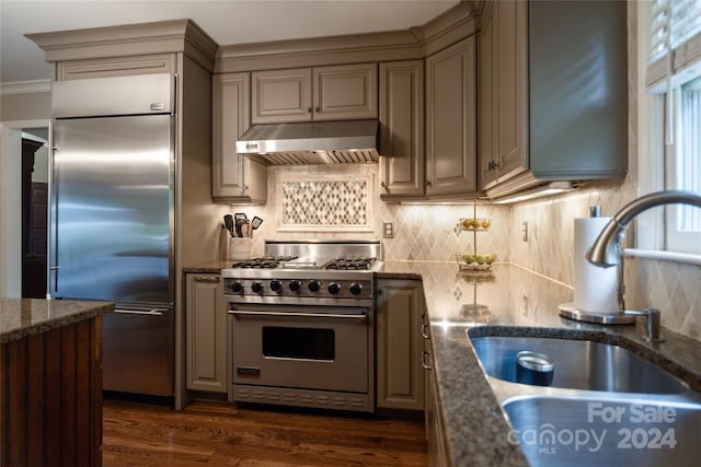 10235 Mount Holly Rd, Charlotte, NC 28214 - kitchen featuring dark wood-type flooring, high end appliances, exhaust hood, crown molding, and sink