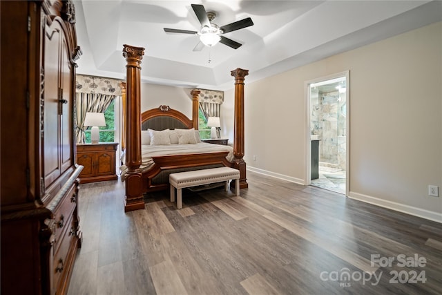 10235 Mount Holly Rd, Charlotte, NC 28214 - bedroom with ceiling fan, a raised ceiling, dark hardwood / wood-style floors, and ensuite bathroom