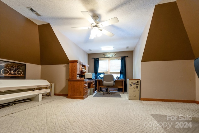 10235 Mount Holly Rd, Charlotte, NC 28214 - office area with a textured ceiling, light carpet, and ceiling fan
