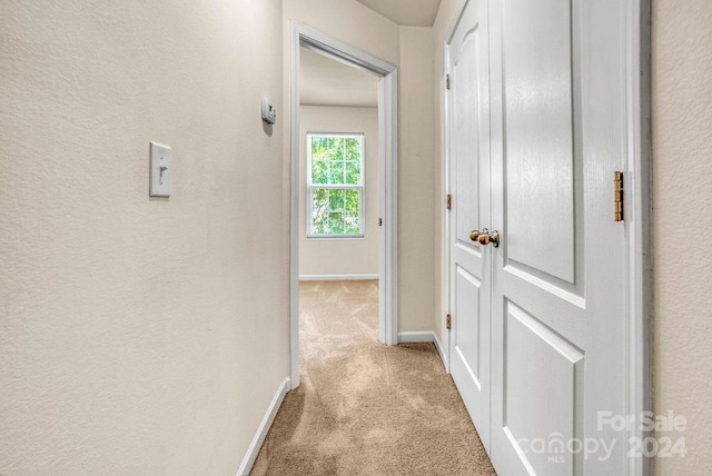 hall featuring light colored carpet