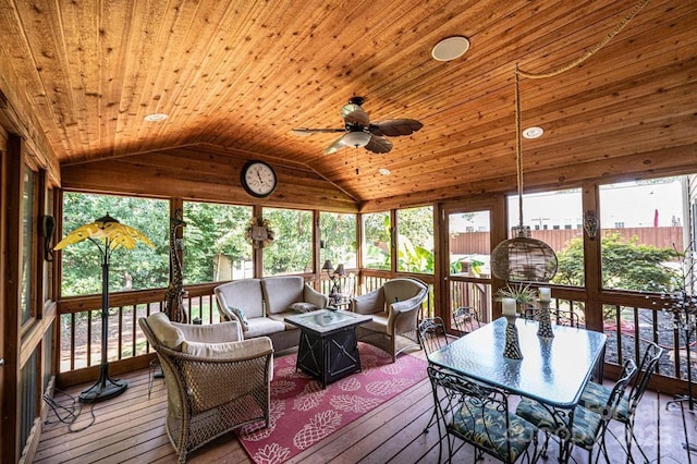 sunroom featuring lofted ceiling, wooden ceiling, and ceiling fan