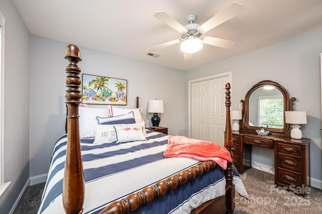 bedroom with carpet, a closet, visible vents, and baseboards