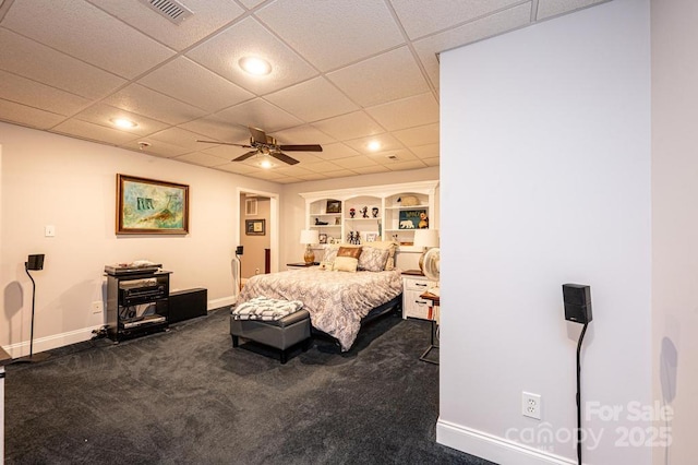 bedroom with ceiling fan, recessed lighting, visible vents, baseboards, and dark colored carpet