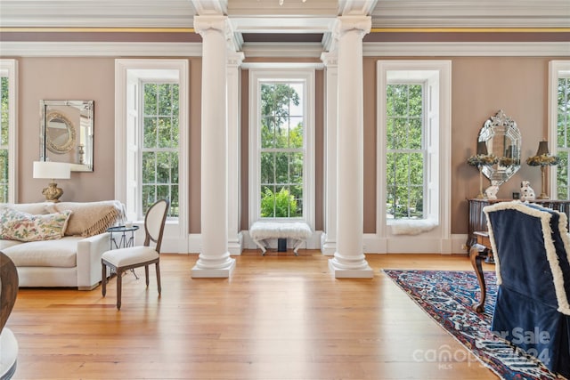 interior space featuring crown molding, a healthy amount of sunlight, light wood-type flooring, and decorative columns