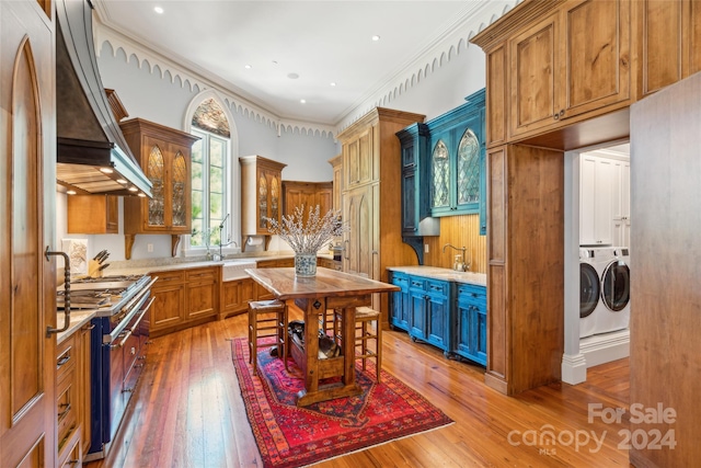 kitchen featuring custom exhaust hood, ornamental molding, light hardwood / wood-style flooring, washing machine and dryer, and sink