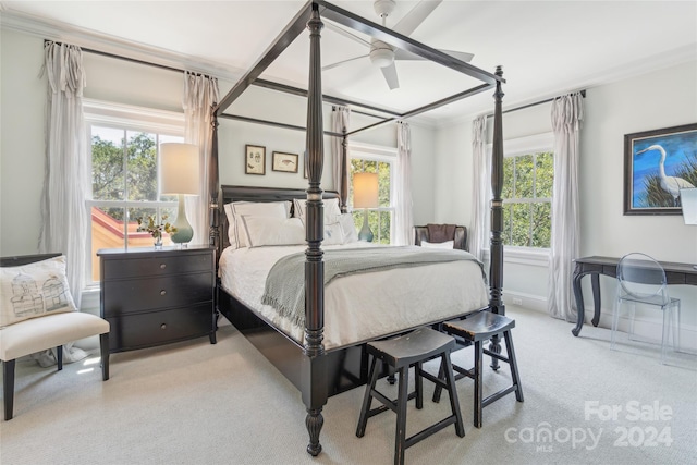 bedroom featuring multiple windows, ceiling fan, and crown molding