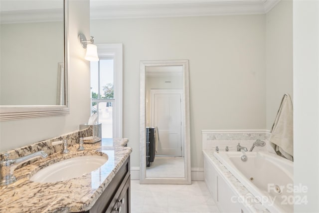 bathroom featuring crown molding, vanity, tile patterned flooring, and a relaxing tiled tub