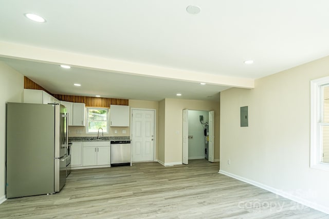 kitchen featuring sink, appliances with stainless steel finishes, light hardwood / wood-style floors, electric panel, and white cabinets