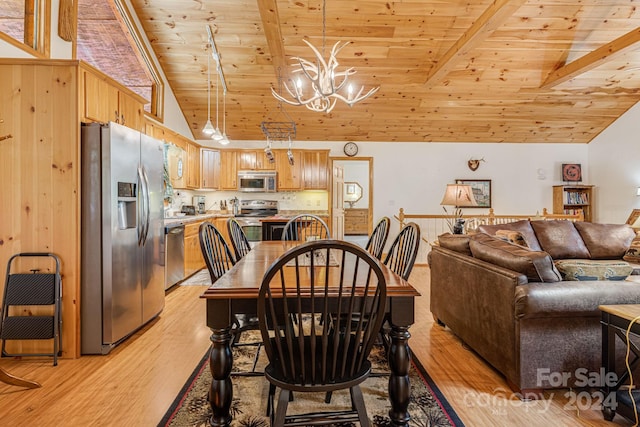 dining area with beamed ceiling, wood ceiling, light wood-type flooring, and a chandelier