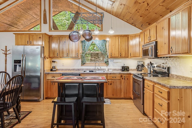 kitchen featuring light wood-type flooring, a sink, a kitchen island, appliances with stainless steel finishes, and wooden ceiling