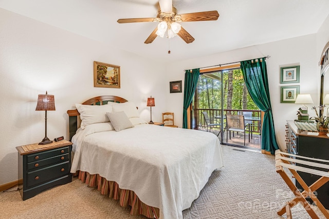 bedroom with light carpet, a ceiling fan, and access to outside