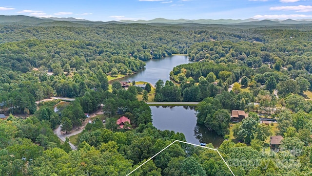 drone / aerial view featuring a forest view and a water and mountain view