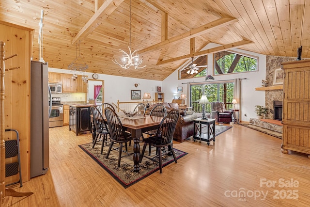 dining room featuring wood ceiling, high vaulted ceiling, light wood-style flooring, a stone fireplace, and a ceiling fan