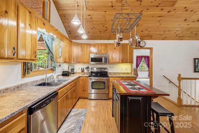 kitchen featuring appliances with stainless steel finishes, a sink, vaulted ceiling, wooden ceiling, and light wood finished floors