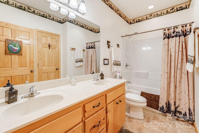 bathroom featuring toilet, shower / bathtub combination with curtain, double vanity, and tile patterned floors