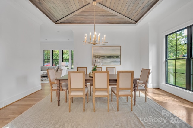 dining room featuring an inviting chandelier, a tray ceiling, light hardwood / wood-style floors, and wooden ceiling