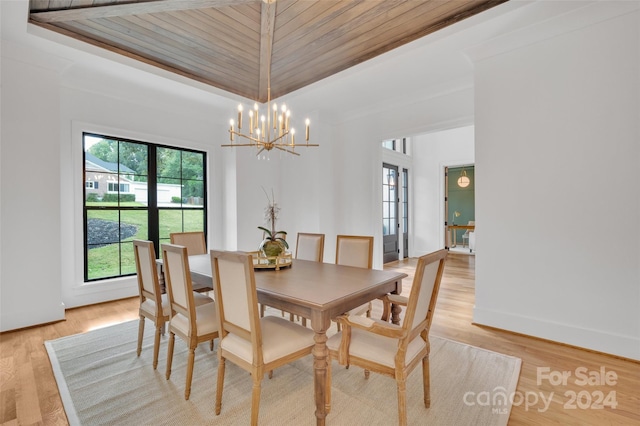 dining room featuring wooden ceiling, light hardwood / wood-style flooring, and a notable chandelier