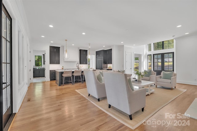 living room with french doors, light hardwood / wood-style flooring, and plenty of natural light