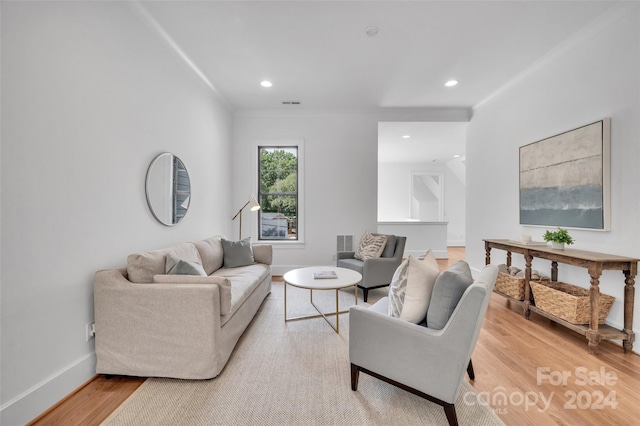 living room featuring light hardwood / wood-style floors and ornamental molding