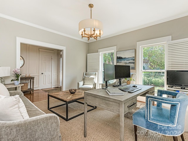 1218 Wareham Ct, Charlotte, NC 28207 - office space with ornamental molding, a chandelier, and wood finished floors